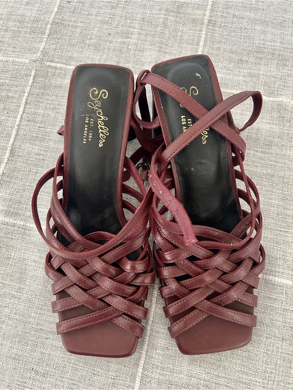 Anthropologie Seychelles Wine Burgundy Woven Strappy Heels Sandals